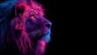 © Suwandi - Vibrant neon lion portrait with magenta, purple, and cyan fur against a stark black background. vibe
