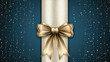 © Fang - Image is a digital illustration featuring a festive and elegant design ,blue background  ,there  is a vertical strip of white glittery texture,   gold satin ribbon , decorative bow