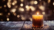© Fang - Glowing candle with fairy lights on rustic wood surface against bokeh backdrop