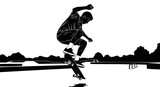 Black silhouette vector illustration of skateboarder in skatepark. Design for extreme sports apparel design, event promotion posters, and website graphics. JPEG version.
