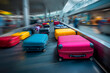 © Andrey - Vibrant luggage items circulate on a busy airport baggage claim belt, highlighting travel and journey logistics