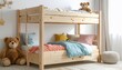 © zerogami - Cozy childrens bedroom with wooden bunk bed with teddy bears, and and colorful pillows.