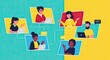 © kaka - Illustration of a virtual meeting with diverse people using laptops, connected by lines.