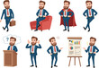 © Arif Creatives - Businessman character cartoon set in various poses, emotions, and actions for presentation, leadership, office, and professional concept illustrations