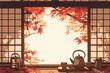 ©  Sheton - 일본 전통 다실에서 가을 단풍을 감상하며 차를 마시는 평화로운 순간을 담은 벡터 일러스트입니다.