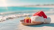 © Aleena - Festive christmas santa hat and gift box resting on a wooden tray at a tropical beach with ocean waves
