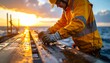 © Ana - Offshore worker in safety gear inspecting equipment at sunset with maritime setting.