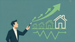 © IMAGES HUB - A businessman pointing at a rising arrow and house icons, illustrating the growth of the real estate market and investment opportunities in property