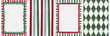 © sudevi - Festive Christmas frame template set, watercolor stripes, scalloped borders, and harlequin diamond backgrounds in red and green. Use for holiday invitations, greeting cards, posters, and print.