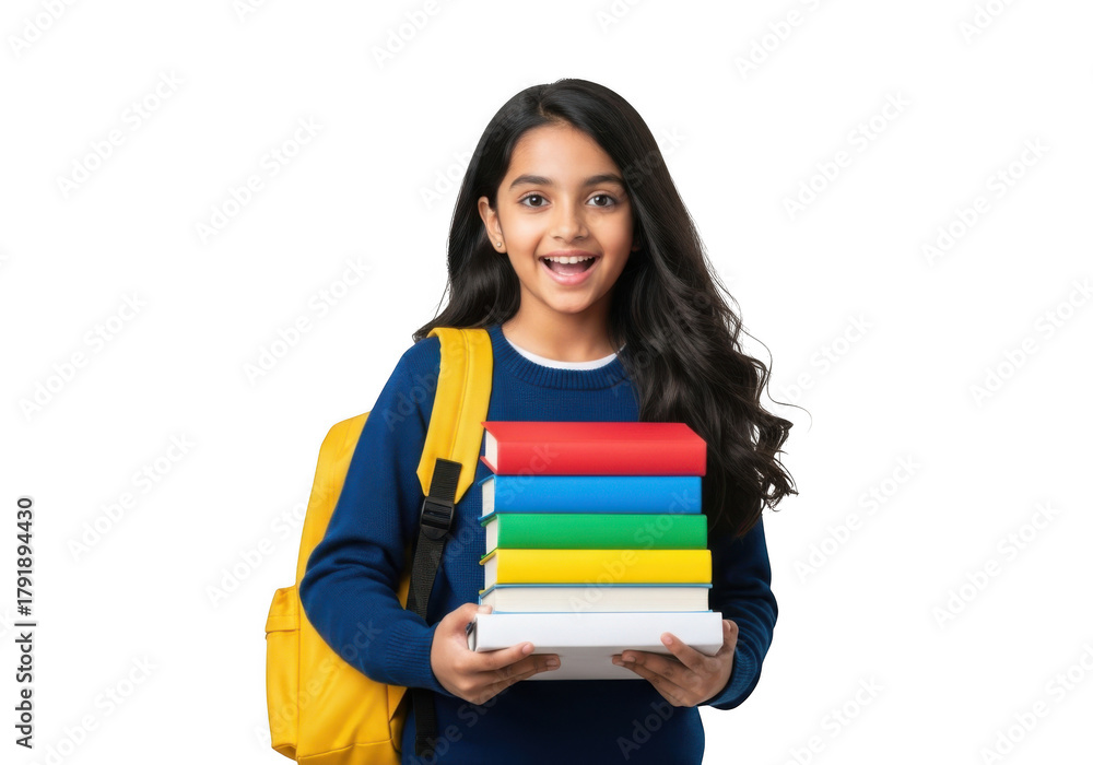 Young indian girl with a bright yellow backpack and a stack of colorful ...