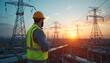 © Pete - Skilled engineer man in hard hat, safety vest stands, observing intricate network of high voltage power lines, tall transmission towers, large industrial pipes. Monitors vital urban electrical