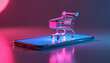 © Pete - Neon shopping cart sits on glowing smartphone screen. Symbolizes online buying, digital retail, e-commerce app usage, and modern purchasing on mobile devices.
