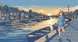 © roso - Anime styled illustration: Roller skating girl along waterfront at sunset harbor