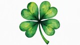 Watercolor illustration shows lucky green shamrock. Saint Patricks Day design element. Irish symbol of fortune and luck. Good for greeting cards. Graphic four leaf clover isolated on white backdrop.