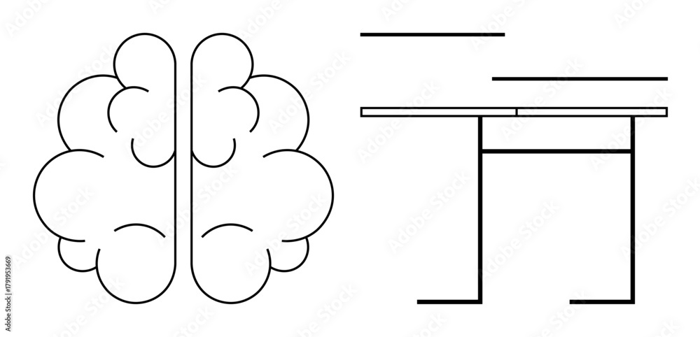 Outlined brain split into two hemispheres next to horizontally and ...