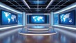 © Pete - Modern virtual news studio features large screens displaying world maps. Circular podium with LED lighting sits center stage. Advanced broadcast set creates dynamic environment for global news