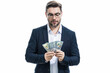 © Volodymyr - Successful business man counting money. Handsome middle age man holding bunch of 100 dollar banknotes. Guy holding money cash. Profit and financial success. Rich man with dollar cash.