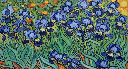 Naklejka na meble A vibrant and expressive painting of a sunlit garden with blooming blue iris flowers
