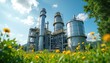 © Pete - Large biofuel plant in vibrant green field with yellow flowers under blue sky. Eco tech industrial complex produces clean energy. Modern facility sustainable power generation, environmental harmony,