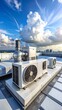 © back - A rooftop scene with air conditioning units and ventilation equipment, set against a vibrant blue sky filled with dramatic clouds