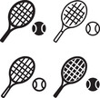 © MD.Kawsar Hossan - Isolated Tennis Racket and Ball black vector icon set, tennis racket ball icons, sports equipment realistic design, solid black outline filled minimal thin stroke, tennis game athletic symbols