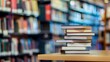 © ds17 - A stack of books on a wooden table in a library. The background features shelves filled with various books. The scene conveys a sense of knowledge and learning.