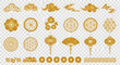 © Jisanur - Vector illustration of golden chinese traditional elements and symbols collection, including clouds, flowers, lanterns, fans, coins, and decorative borders, on a transparent background