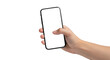 © Digital - Hand holding a modern smartphone with a blank white screen and thumb touching the display isolated on a transparent background
