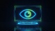 © Imaginebuddy - Glowing holographic eye in blue virtual space showing digital security, identity verification and biometric access