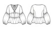 © Tiana - Technical drawing of a women's blouse with puff sleeves and peplum, front and back views offering