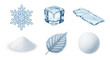 © Creativeraf - A collection of winter elements, including a snowflake, ice cube, ice shard, pile of snow, frosted leaf, and snowball isolated on transparent background.