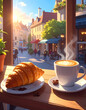 © Woi - Breakfast scene with coffee and croissant with city view and sunlight
