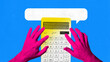 © Lustre Art Group  - Trendy collage. Bright calculator with energetic hands in retro photocopy style. Concept of finance graphics, budgeting content, business communication, editorial materials, creative marketing.