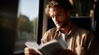 © fotofabrika - Man reading a book while sitting on a train during a sunny afternoon