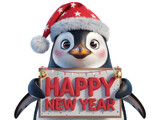 Cute cartoon penguin wearing a santa hat holding a sign that says happy new year