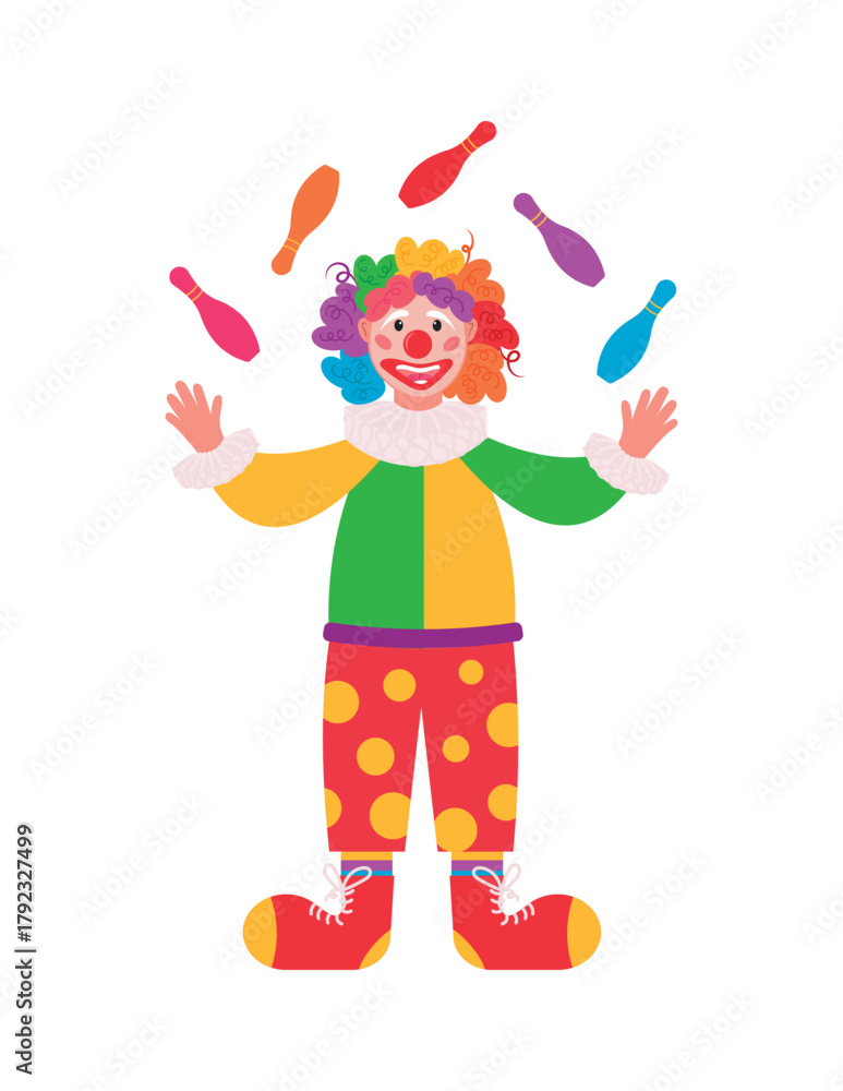 A cheerful clown juggles several pins on an isolated white background ...