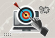 © mitay20 - Retro Halftone Collage. Laptop with arrow on target circle. Target bullseye or arrow on target. The online business grows according to the goals set. Business market concept. Modern photo collage