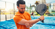 © FlexOn/peopleimages.com - Elbow pain, padel racket and man on court with sports injury, outdoor game and sprain for inflammation. Tennis, muscle tension or athlete with joint ache from training accident, tendinitis and strain