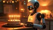 © alfonso - A futuristic robot looks at a birthday cake with lit candles, in a warm, inviting, softly lit setting