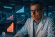 © rookielion - Data Science Visualization: Middle-aged researcher examining floating 3D statistical graphs and metrics in high-tech laboratory setting