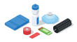 © Ophelia - Isometric fitness equipment set featuring bottle and ice pack on white background