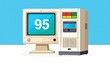 © Rustam - An off-white, vintage desktop computer tower and monitor with a teal screen displaying '95' on a light blue background