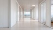 © Nitchalee N. - Daily office cleaning routine, Modern, bright office corridor with glass-walled rooms, minimalist design, and large windows providing natural light in a professional workspace.