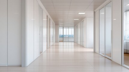  Daily office cleaning routine, Modern, bright office corridor with glass-walled rooms, minimalist design, and large windows providing natural light in a professional workspace.