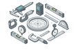© icon_art - Isometric collection of precision measuring tools, digital calipers, and spirit levels
