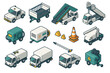 © Andrei - Isometric set of airport ground support equipment including baggage carts, passenger stairs, utility trucks, and traffic cones
