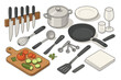 © icon_art - Isometric kitchen utensils, cookware, and fresh vegetables on a cutting board