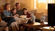 © Bay - Family enjoying movie night together on sofa with popcorn at home