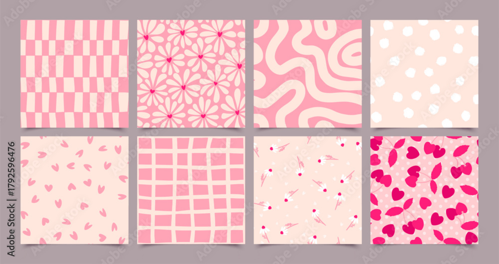 Cute pink hand drawn heart seamless pattern set. Vector love hearts ...