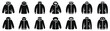 © Tanver - Winter jacket icon set. Vector collection of warm outerwear symbols including parkas, coats, down jackets, raincoats, and hoodies. Black clothing silhouettes for cold weather fashion, apparel stores,